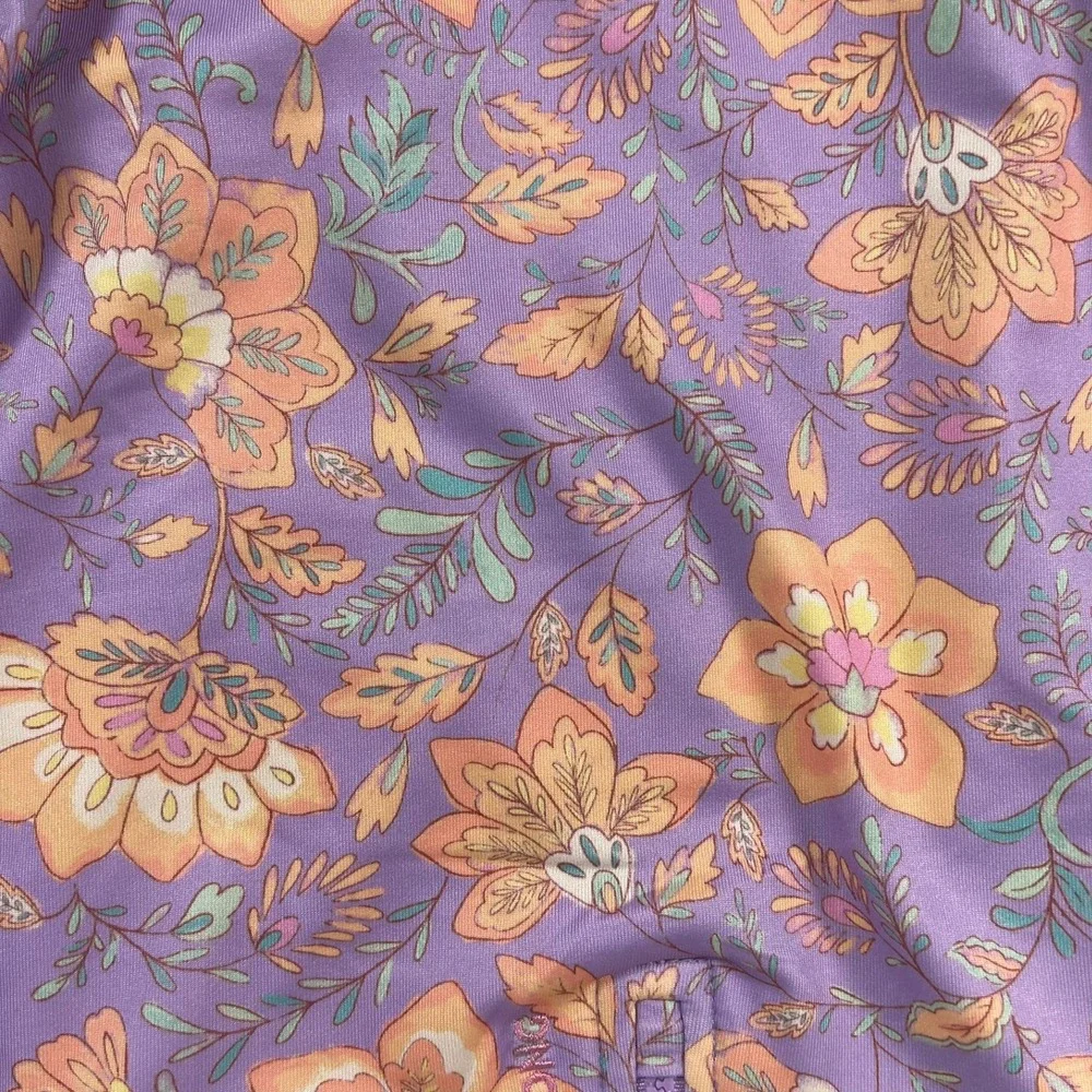 Billabong Girls Purple Floral 2-Piece Swim Set Rash Guard Bodysuit Shorts 14/16